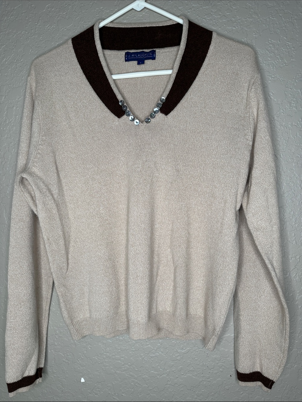 J.McLaughlin Cashmere Cotton Blend Sweater  V-Neck Brown Trim  pearl Buttons